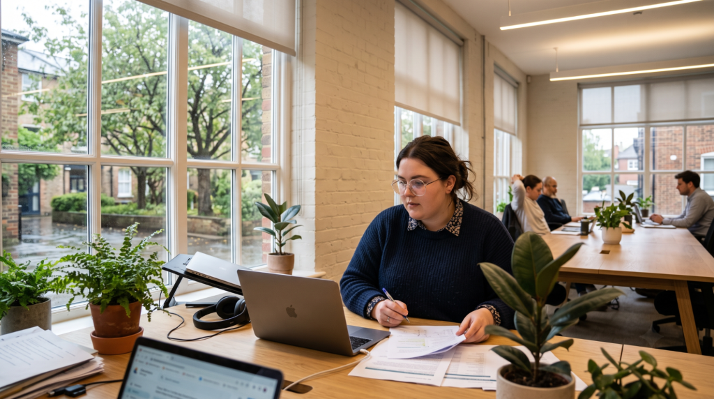 A woman focused on her laptop while seated at a desk in a modern office environment
