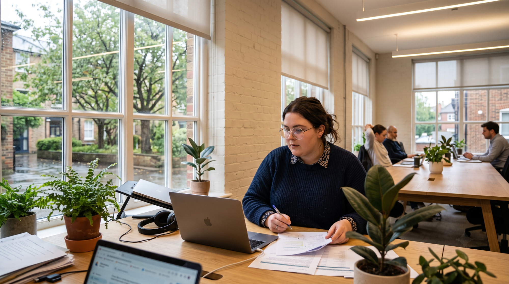 A woman focused on her laptop while seated at a desk in a modern office environment